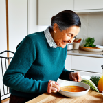 Adapted Dining Experience**

"A family-friendly scene in a bright, modern French kitchen. A woman, fully clothed in a stylish blouse and trousers, is carefully pureeing a classic pot-au-feu with a food processor. Her elderly father, dressed in a comfortable sweater, sits at the table, smiling gently. A glass of thickened water is placed next to his pureed meal. Safe for work, appropriate content, perfect anatomy, correct proportions, professional photography, modest clothing, well-formed hands, natural body proportions, professional."

**