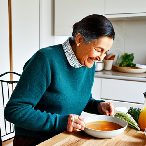 Adapted Dining Experience**

"A family-friendly scene in a bright, modern French kitchen. A woman, fully clothed in a stylish blouse and trousers, is carefully pureeing a classic pot-au-feu with a food processor. Her elderly father, dressed in a comfortable sweater, sits at the table, smiling gently. A glass of thickened water is placed next to his pureed meal. Safe for work, appropriate content, perfect anatomy, correct proportions, professional photography, modest clothing, well-formed hands, natural body proportions, professional."

**