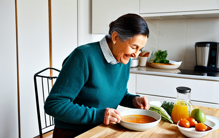 Adapted Dining Experience**
"A family-friendly scene in a bright, modern French kitchen. A woman, fully clothed in a stylish blouse and trousers, is carefully pureeing a classic pot-au-feu with a food processor. Her elderly father, dressed in a comfortable sweater, sits at the table, smiling gently. A glass of thickened water is placed next to his pureed meal. Safe for work, appropriate content, perfect anatomy, correct proportions, professional photography, modest clothing, well-formed hands, natural body proportions, professional."
**