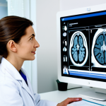 **Prompt:** A compassionate neurologist in a brightly lit, modern French clinic, explaining an MRI scan to a fully clothed female patient. Focus on the doctor's reassuring expression and the patient's attentive listening. Include medical charts and a model of the brain in the background. Safe for work, appropriate content, professional, perfect anatomy, natural proportions.