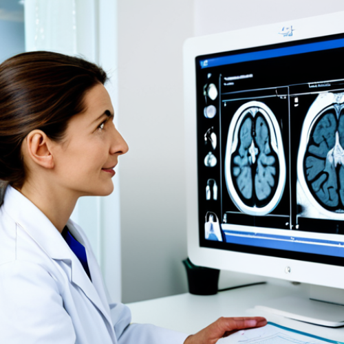 **Prompt:** A compassionate neurologist in a brightly lit, modern French clinic, explaining an MRI scan to a fully clothed female patient. Focus on the doctor's reassuring expression and the patient's attentive listening. Include medical charts and a model of the brain in the background. Safe for work, appropriate content, professional, perfect anatomy, natural proportions.