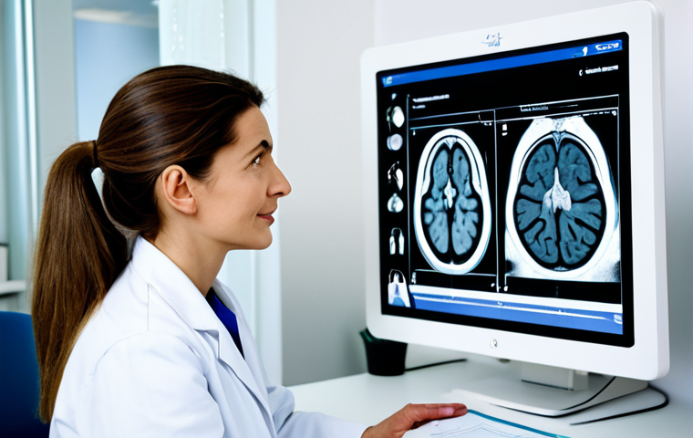 **Prompt:** A compassionate neurologist in a brightly lit, modern French clinic, explaining an MRI scan to a fully clothed female patient. Focus on the doctor's reassuring expression and the patient's attentive listening. Include medical charts and a model of the brain in the background. Safe for work, appropriate content, professional, perfect anatomy, natural proportions.
