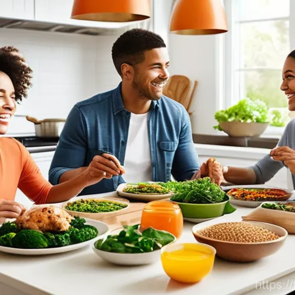 근육병 환자를 위한 식단 가이드 - **Prompt 1: A Nourishing, Balanced Family Meal**
    A bright, inviting scene in a modern, sunlit ki...