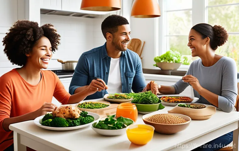 근육병 환자를 위한 식단 가이드 - **Prompt 1: A Nourishing, Balanced Family Meal**
    A bright, inviting scene in a modern, sunlit ki...