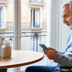 Home 20 난치성 장애 환자용 건강보조제 - A serene and hopeful scene showing a middle-aged French patient in a modern, bright living room usin...