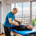 Home 19 근육병 환자를 위한 보험 정보 - A compassionate scene of a middle-aged French man with myopathy receiving specialized physical thera...