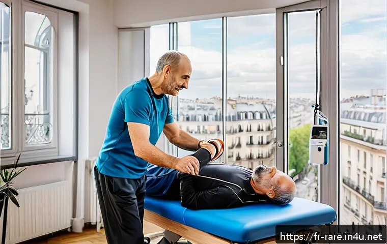 근육병 환자를 위한 보험 정보 - A compassionate scene of a middle-aged French man with myopathy receiving specialized physical thera...