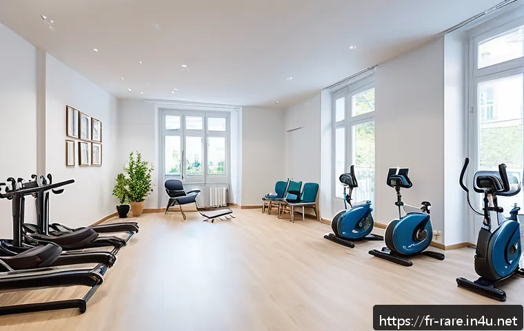 신경근육 장애와 재활치료 병원 - A modern multidisciplinary rehabilitation clinic interior in France, featuring a spacious therapy ro...
