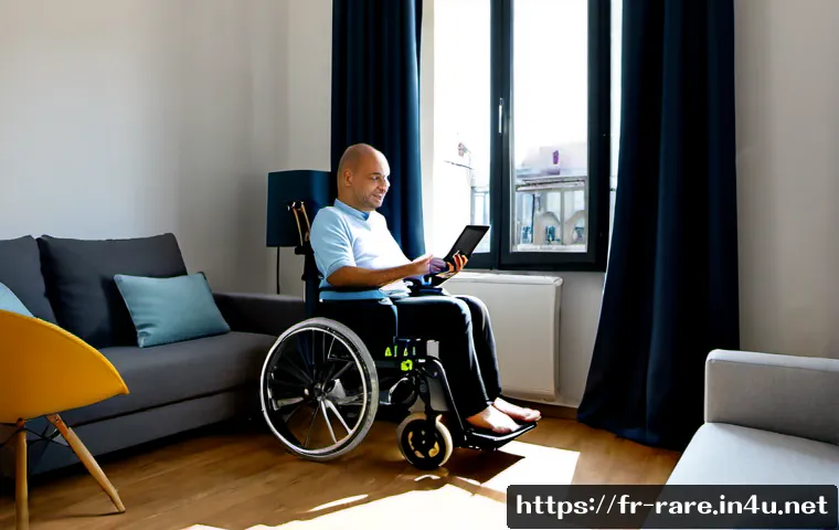 Home 17 루게릭병 환자용 보조기기 추천 - Photorealistic bright French apartment living room, an adult with ALS comfortably seated in a modern...