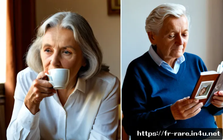 파킨슨병과 알츠하이머 차이점 - Photorealistic split-scene comparison in a calm French home: left, an older adult with Parkinson’s c...